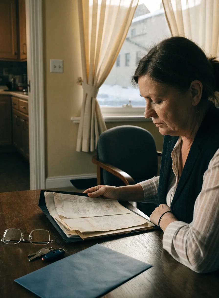 A person sorting through the paperwork of a second-hand car purchase at a table at home