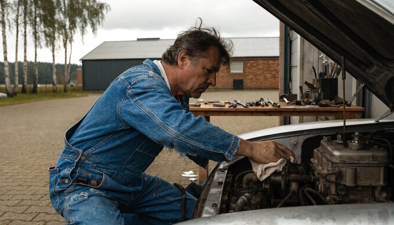 A mechanic working on a rebuilt car in a workshop yard in Finland