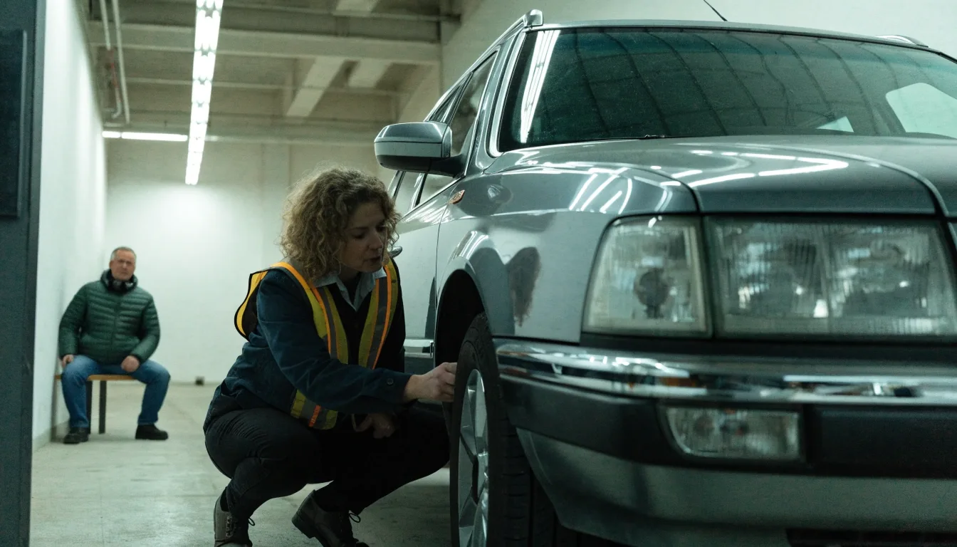 A driver waiting beside a car in a Finnish vehicle inspection hall while an inspector checks the vehicle
