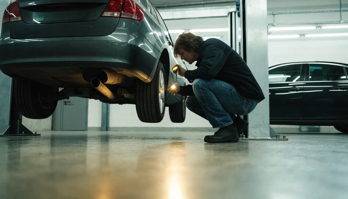 An inspector checking the underside of a car on a lift in a Finnish workshop