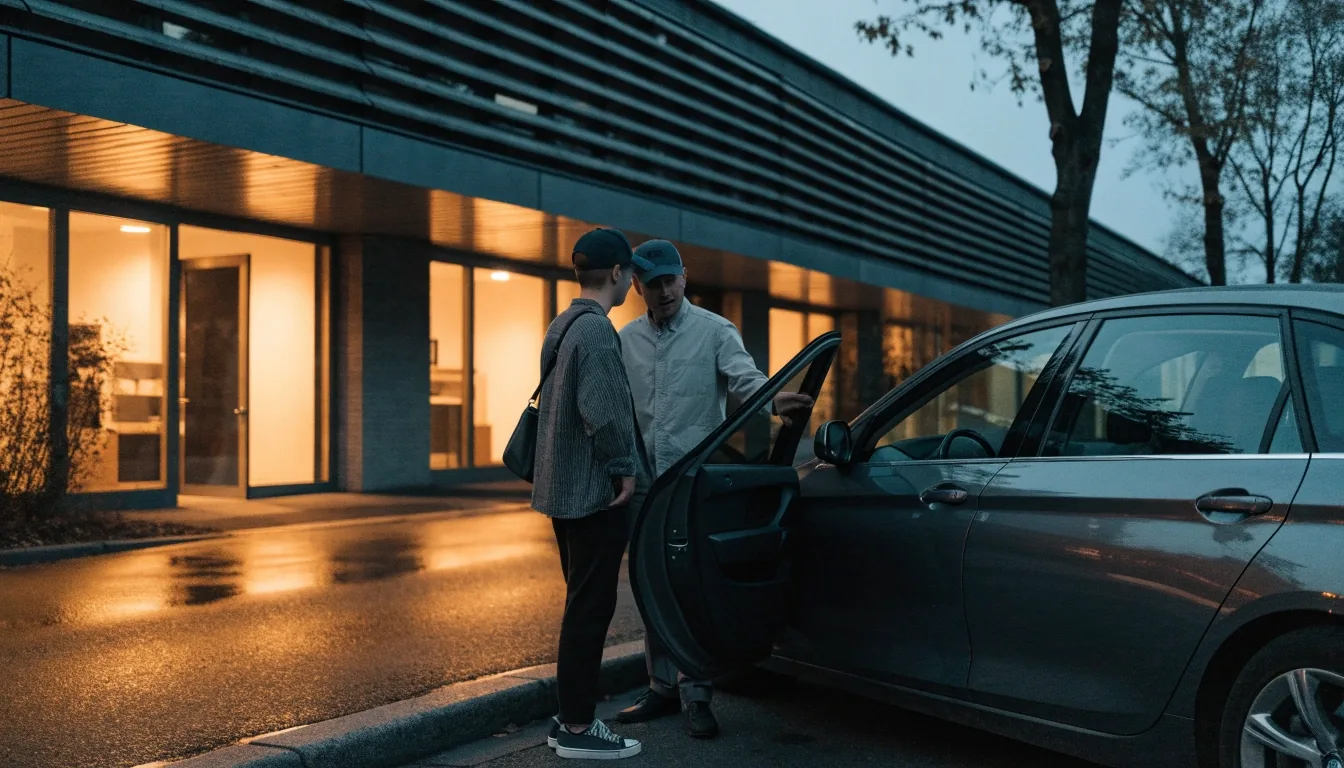 Street-level advisory office on Mannerheimintie in Helsinki at dusk with warm interior light