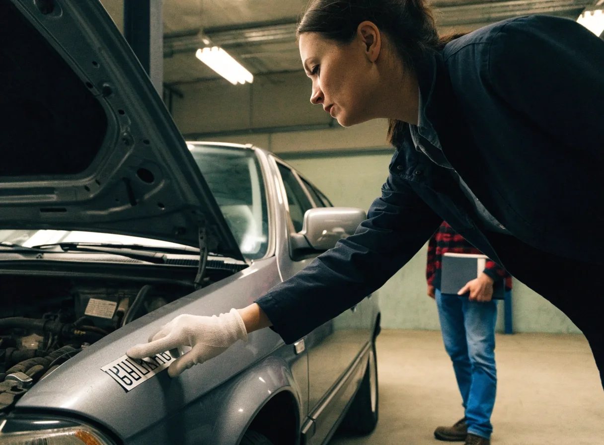 Two people reviewing an imported car's documents beside the vehicle in a Helsinki inspection hall