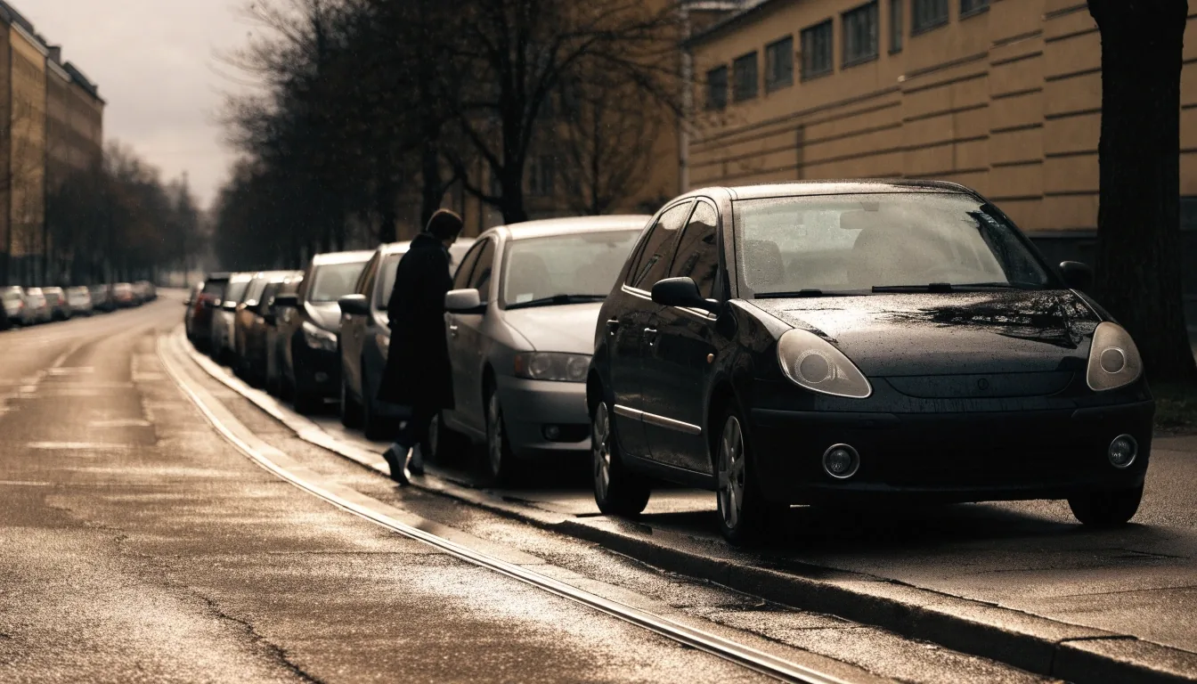 Parked cars along a Helsinki street on an overcast day