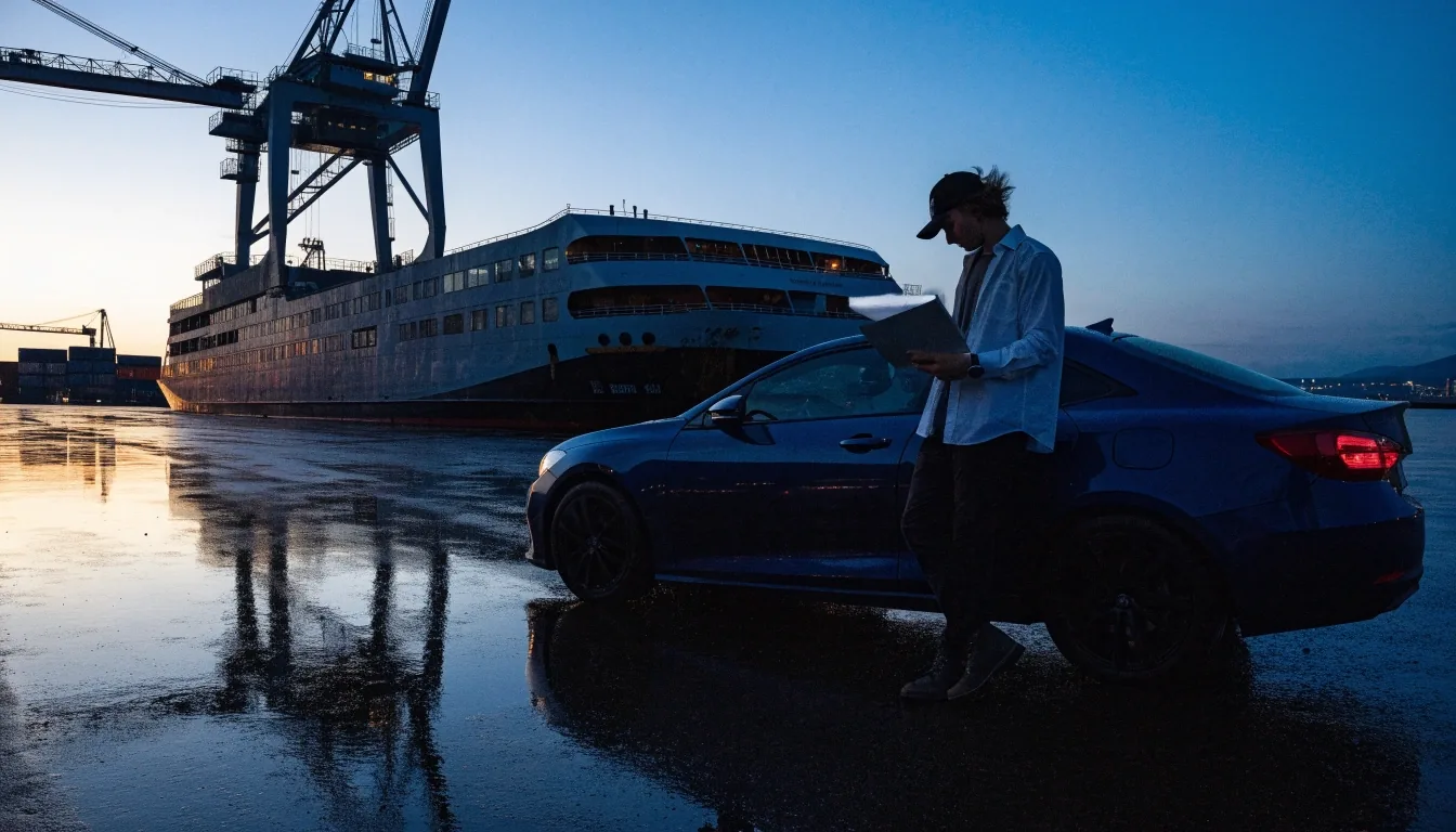A driver with imported vehicle paperwork beside his car on a ferry terminal deck in Finland