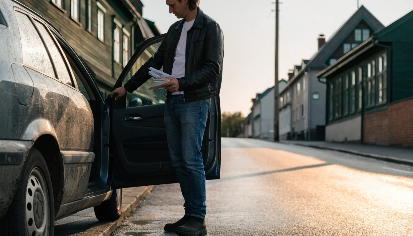 A buyer checking a used car's paperwork beside the vehicle on a Helsinki street