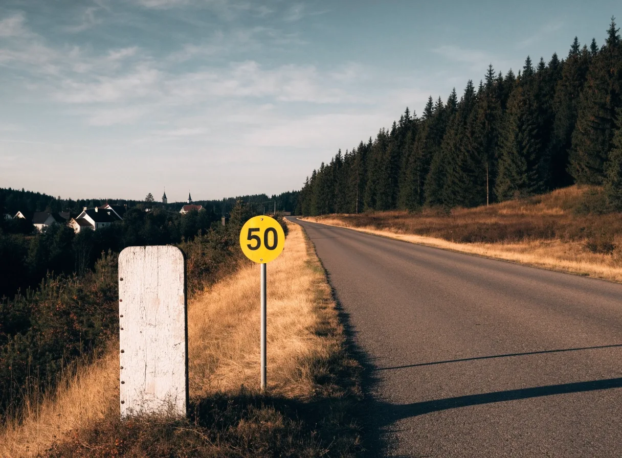 A road leaving a Finnish town with roadside speed-limit signs on the verge