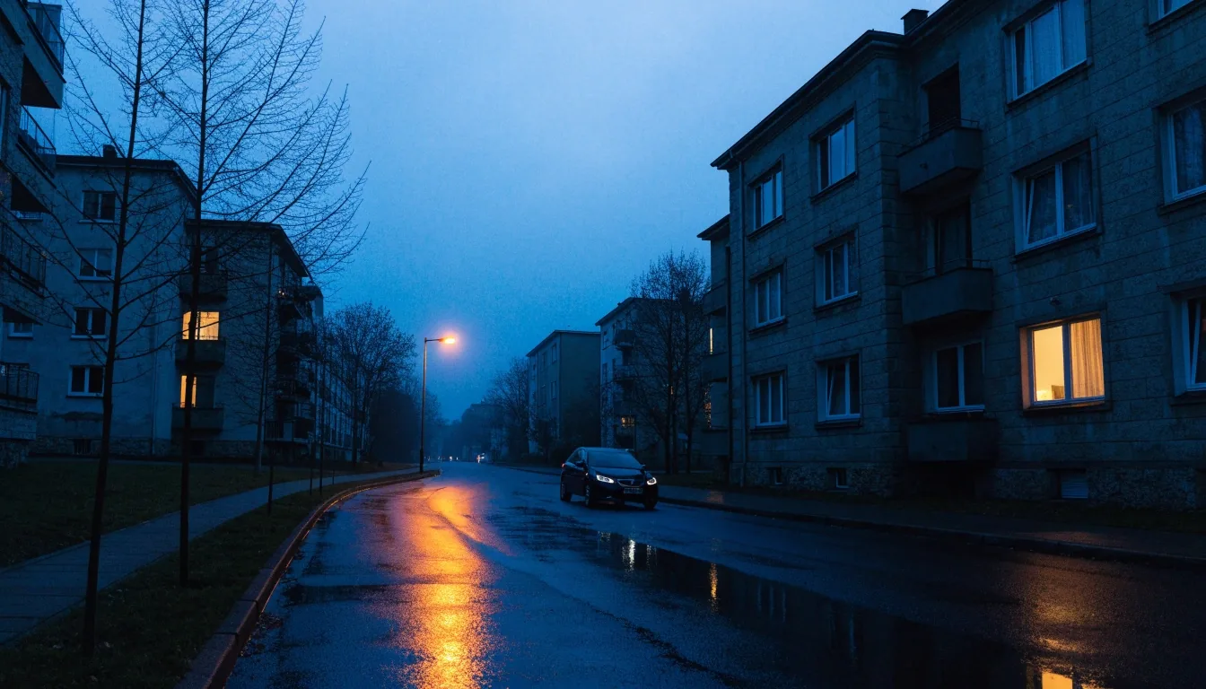 An empty Finnish residential street at dusk with one parked car under a street lamp