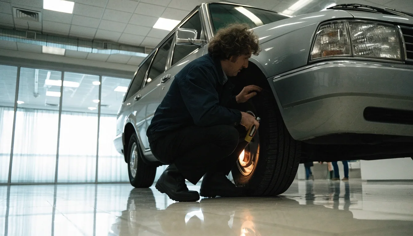 An inspector examining a car during a registration inspection in a Finnish inspection hall