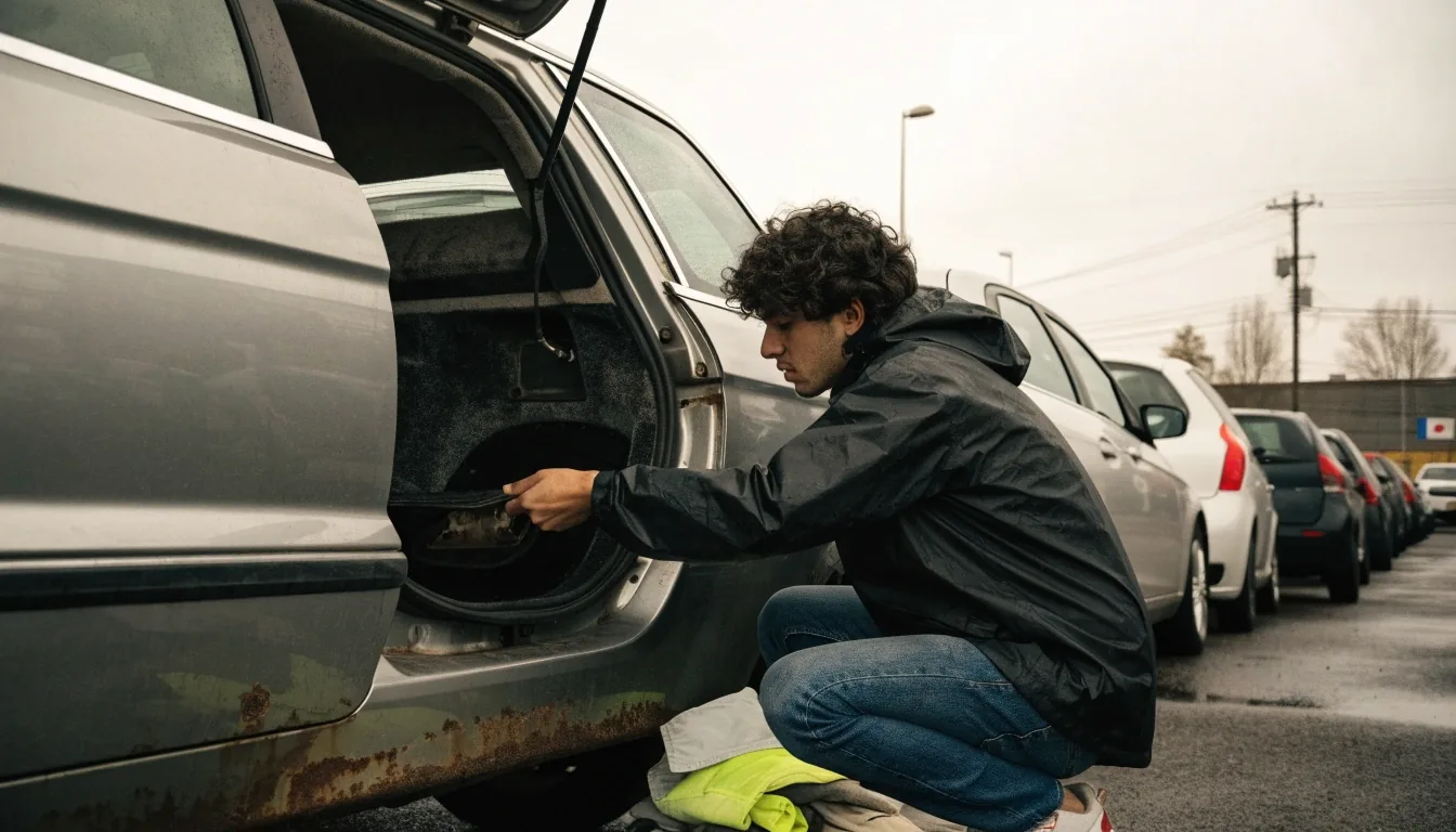 A buyer inspecting a used estate car on a forecourt abroad before deciding on the import