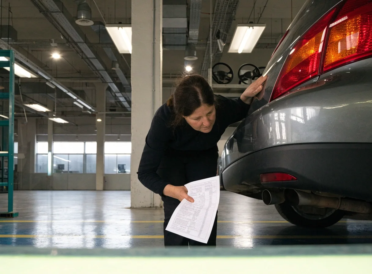 A person arranging a vehicle's specification papers before a registration inspection appointment