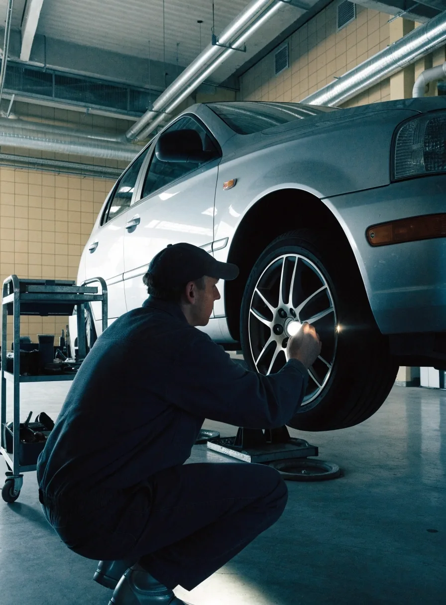 A technician inspecting an imported hatchback on the test lane inside a Finnish inspection hall
