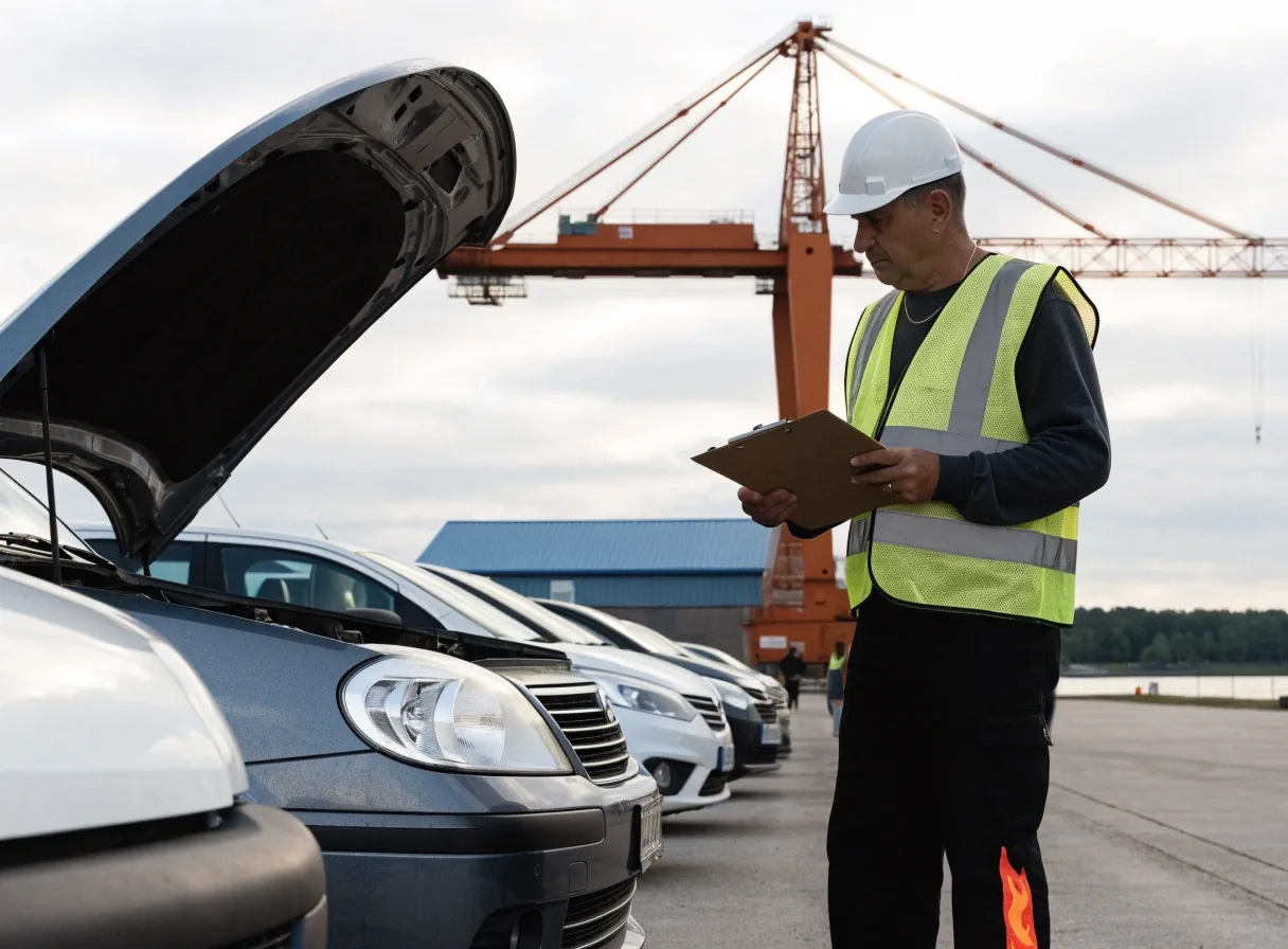 Imported cars waiting at a Finnish port freight yard while an inspector walks between them
