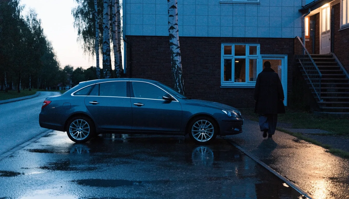 A quiet residential street in Helsinki at dusk with one car parked under birch trees