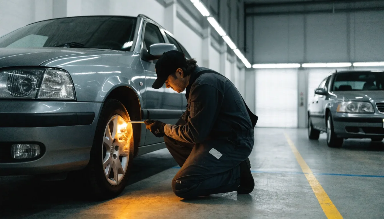 A mechanic checking a car at the front before it returns to traffic use at an inspection hall