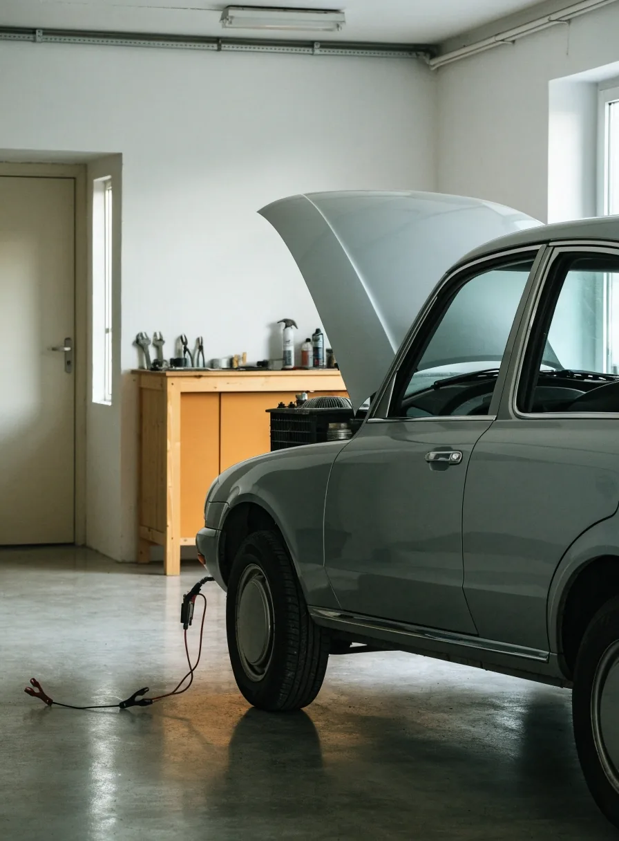 A car stored in a home garage with a battery maintainer connected while it is out of traffic use