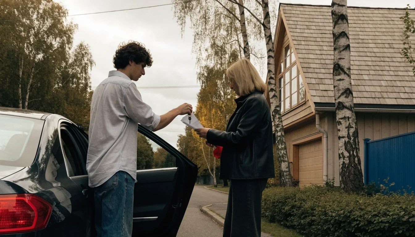 Two people completing a private car sale on a residential street in Helsinki, one handing over the key