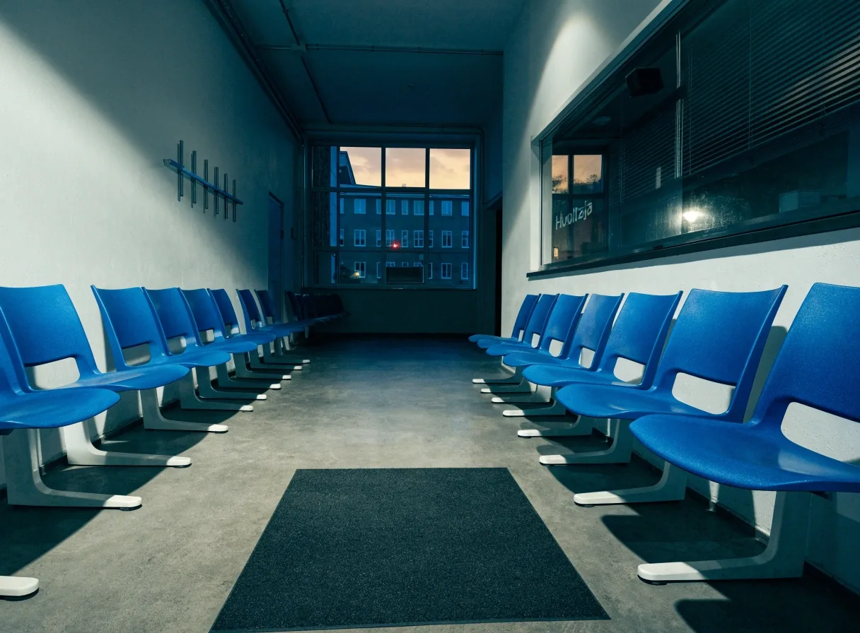 Quiet Finnish service office interior with empty waiting chairs and a closed counter at evening