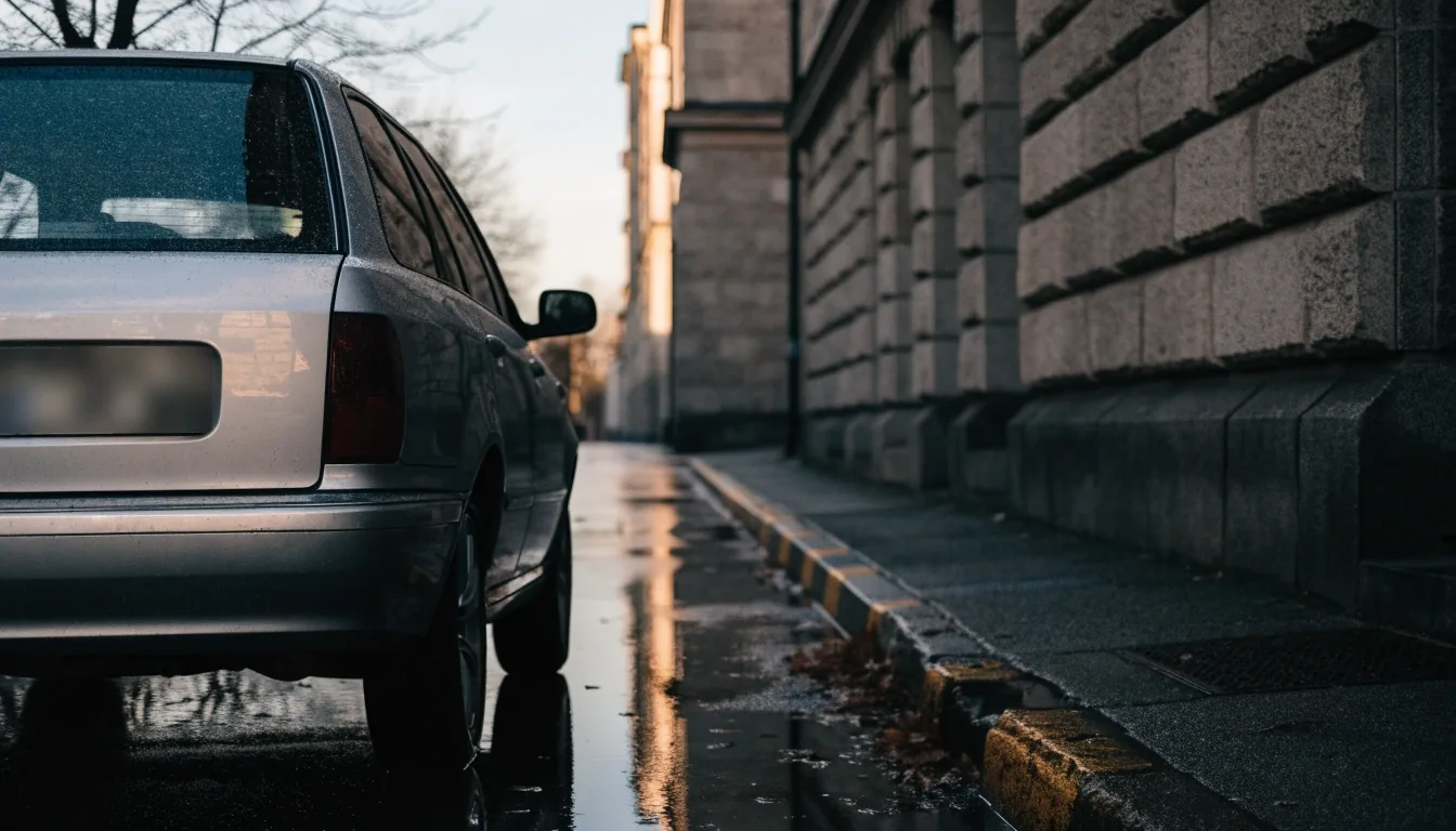 Rear plate of a parked estate car on a wet Helsinki street in autumn, plate surface unreadable