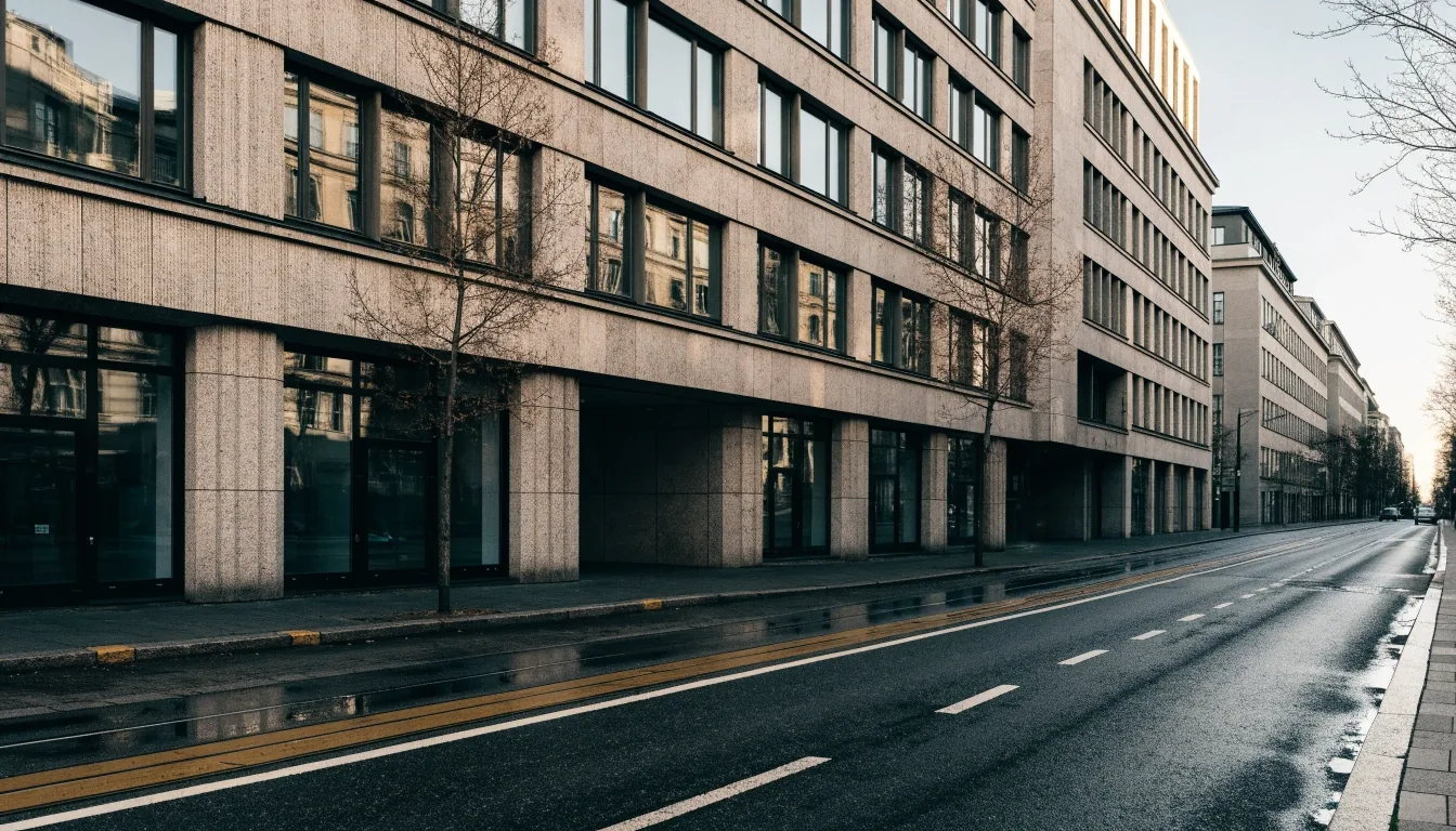 Stone facade of a Helsinki office building on Mannerheimintie with tram tracks in the street