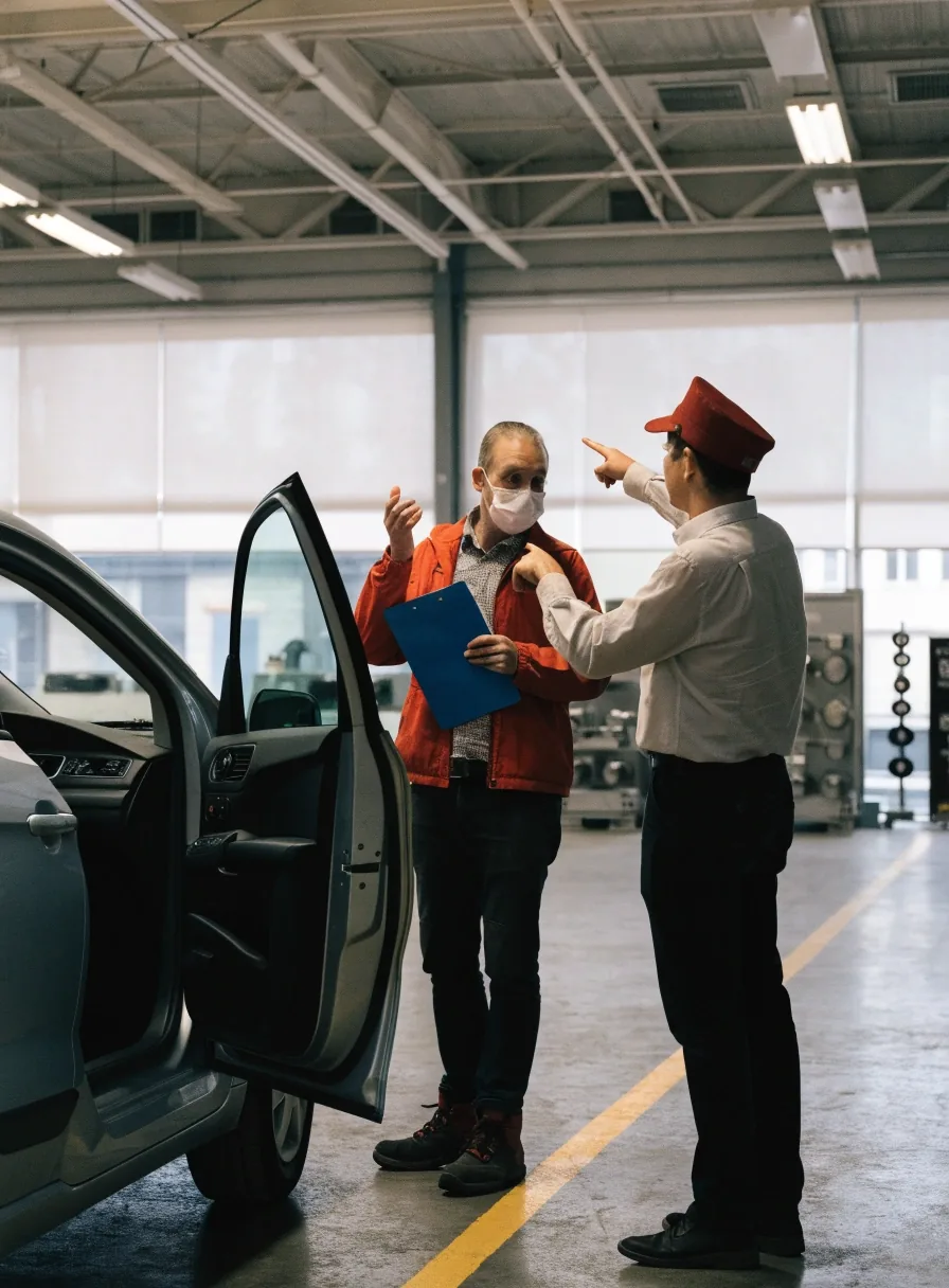 Two people discussing vehicle paperwork beside a car in a Finnish inspection hall