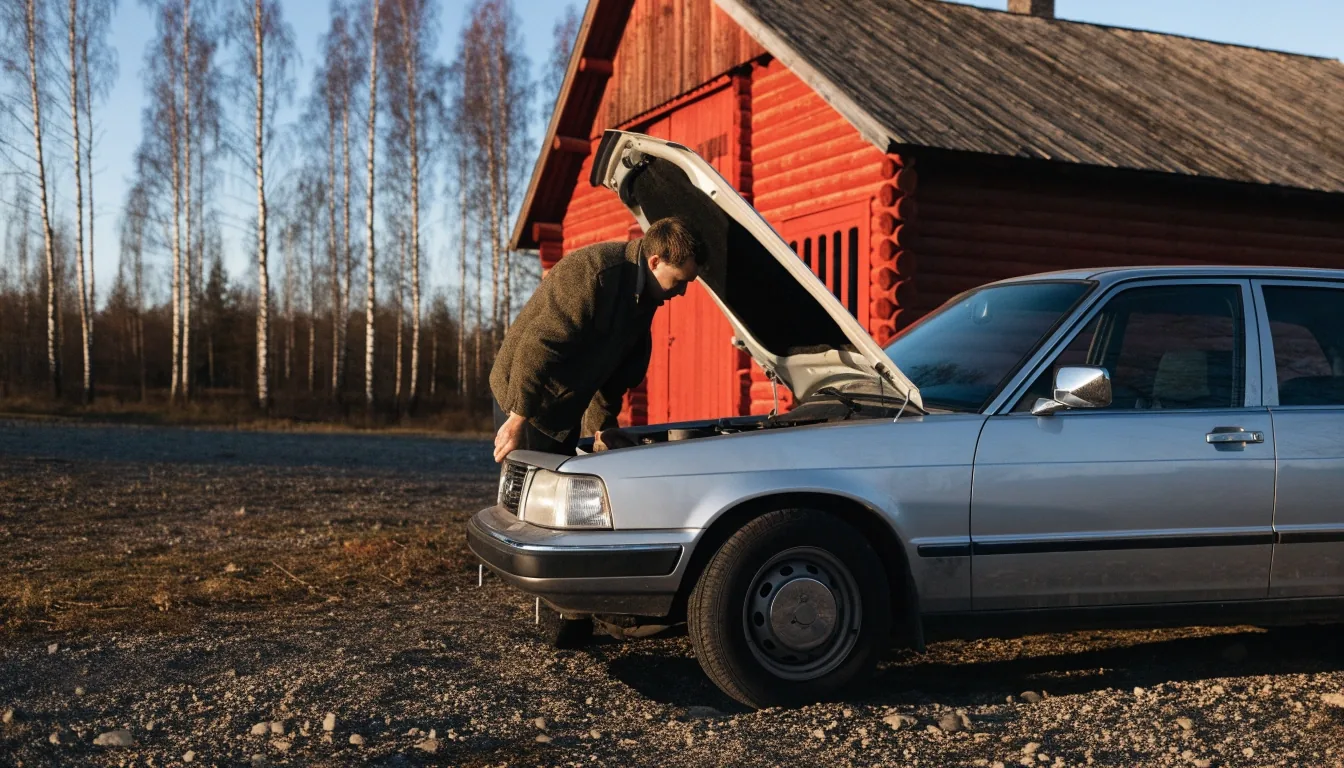 A registered car driving on a Finnish country road in autumn light