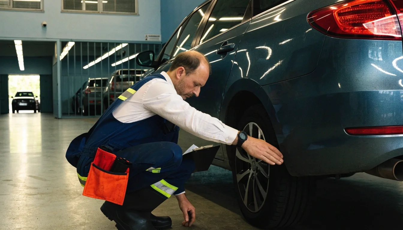 A used estate car waiting outside a Finnish vehicle inspection hall with its owner holding the vehicle documents