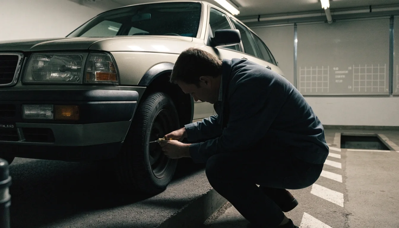 A technician inspecting a used imported car inside a Finnish registration inspection hall