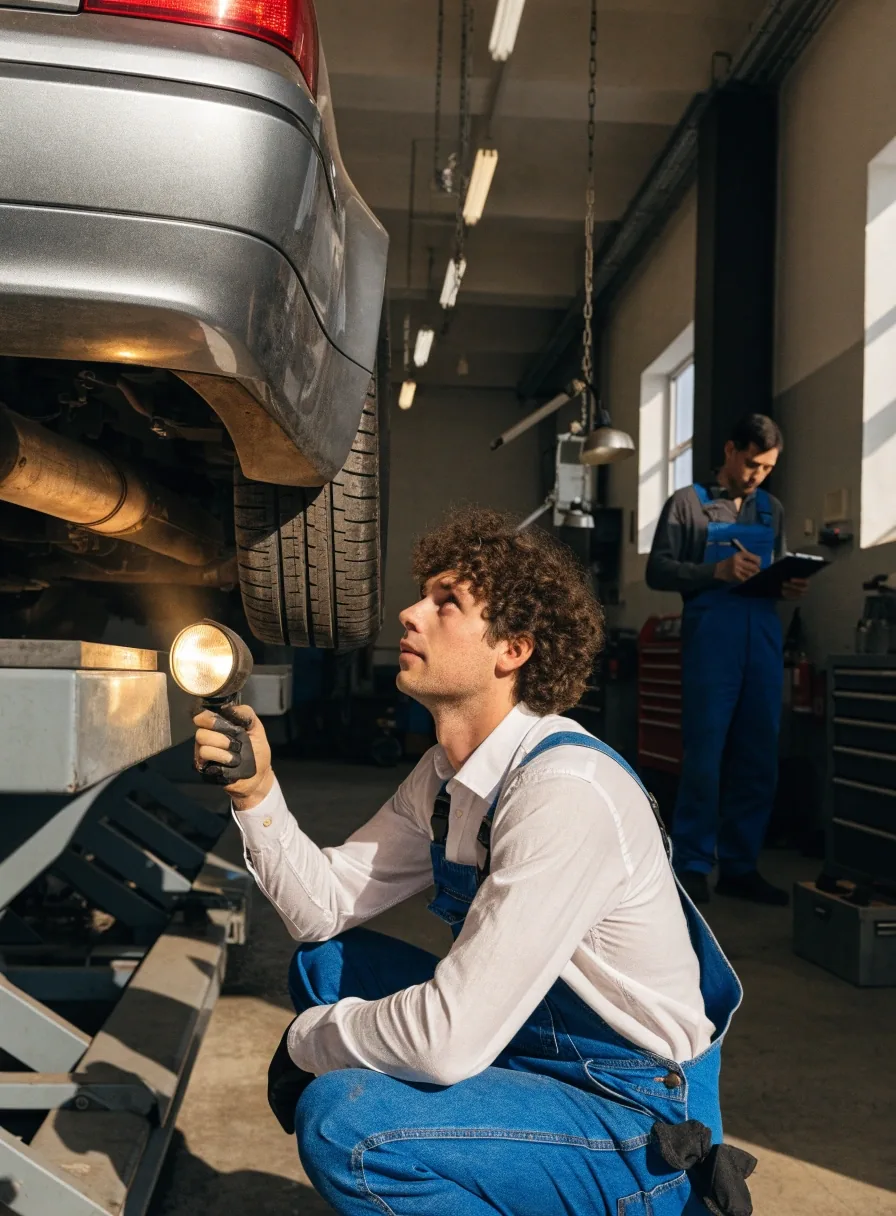 A mechanic examining the underside of a car raised on a lift in a Finnish workshop