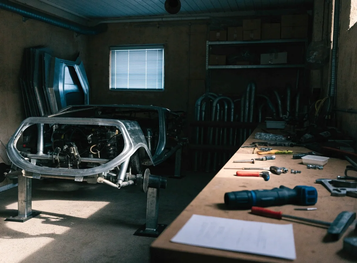 A part-built custom car on axle stands in a Finnish home garage workshop