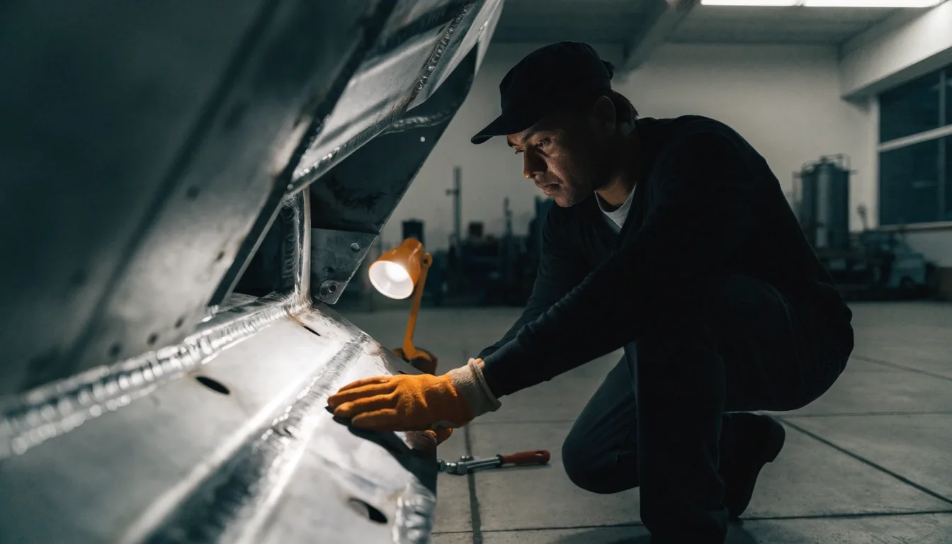 An inspector checking the front suspension of a modified car during a registration inspection