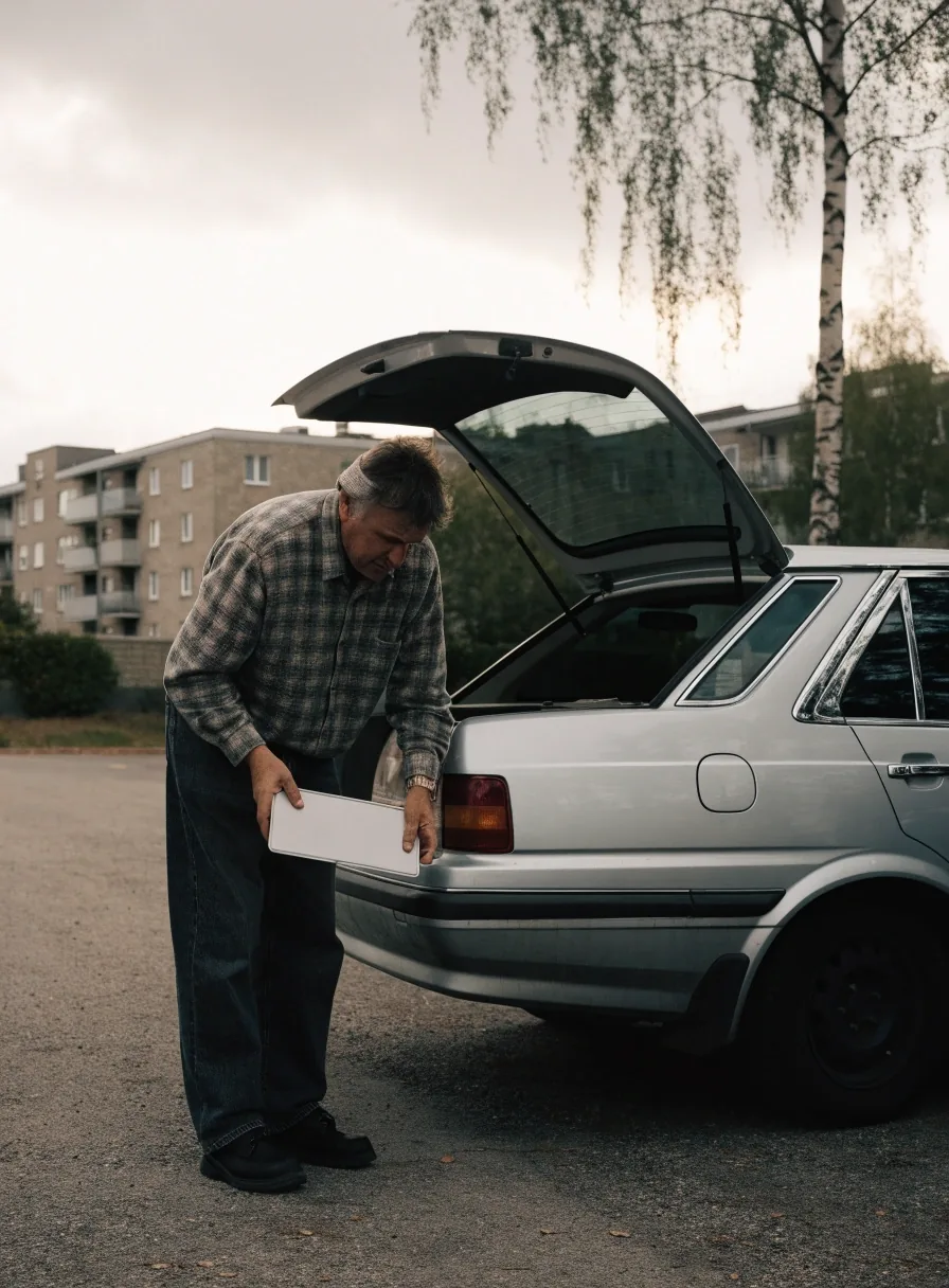 Blank registration plate fitted to the rear of an estate car in a Finnish car park