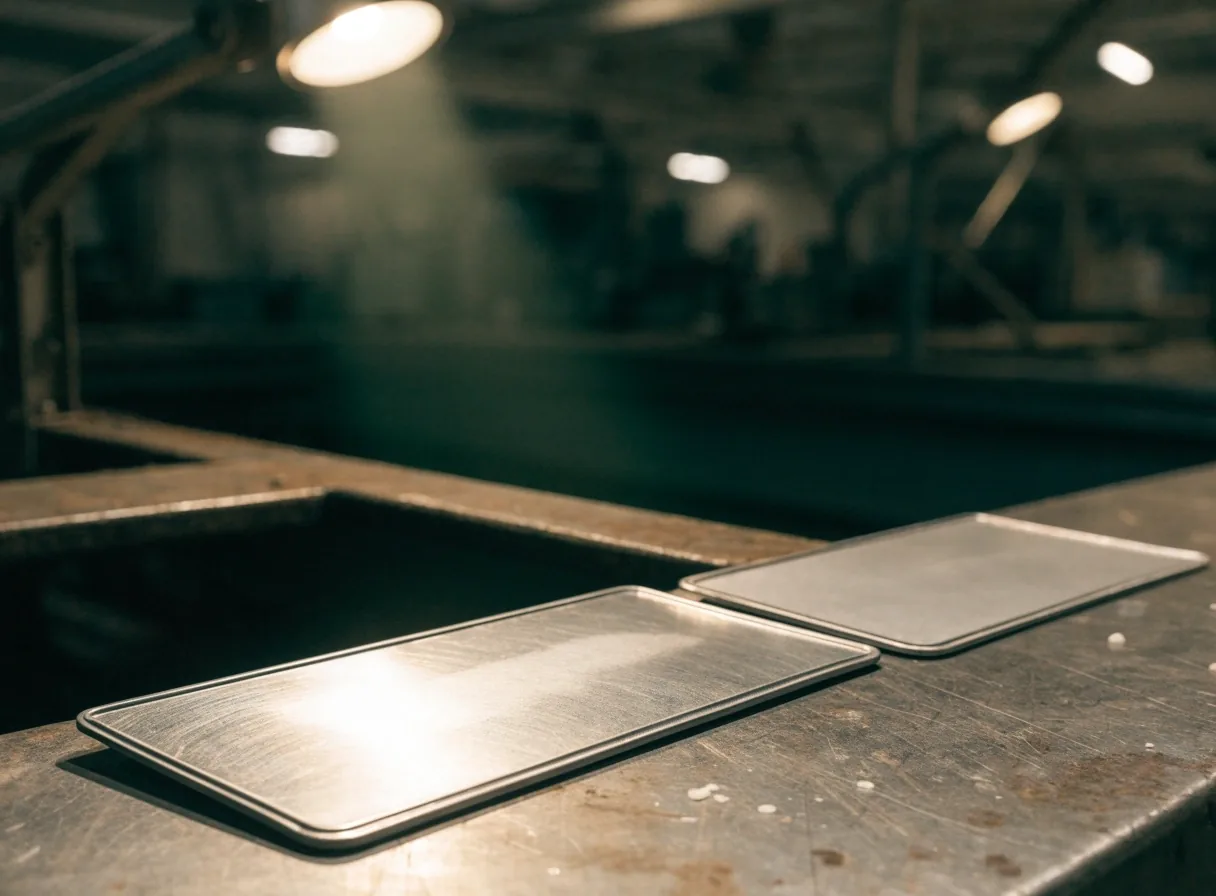 Blank metal registration plates on a steel workbench in a Finnish inspection hall