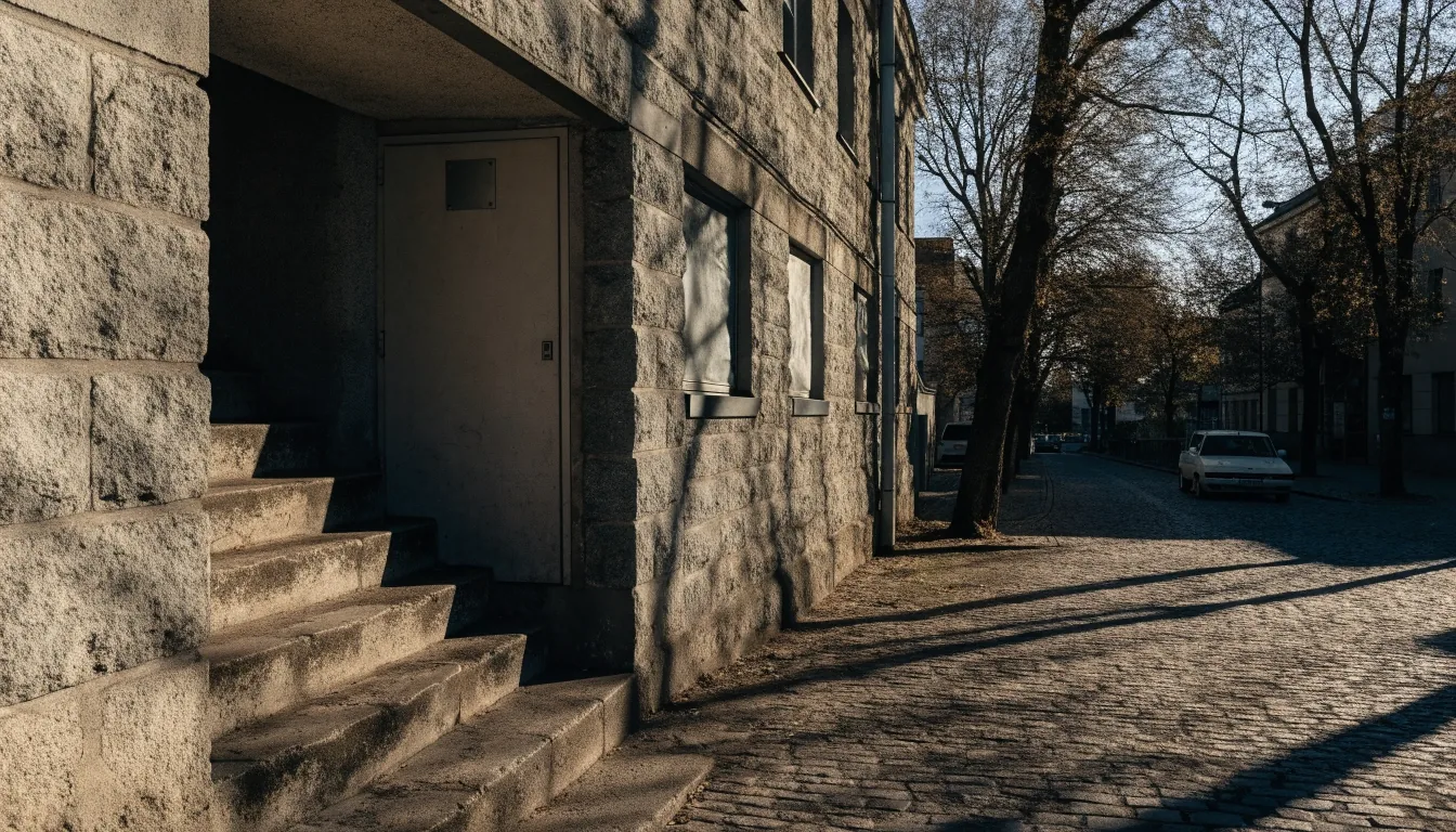 A parked car on a quiet Helsinki street beside a stone office building