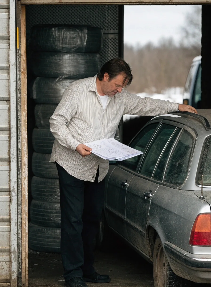 A car owner reviewing vehicle documents beside his car in a Finnish garage