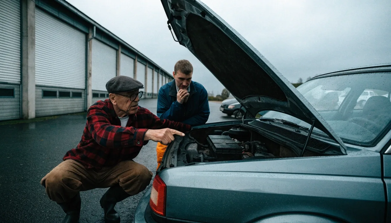 An inspector walking along a vehicle outside a Finnish inspection hall