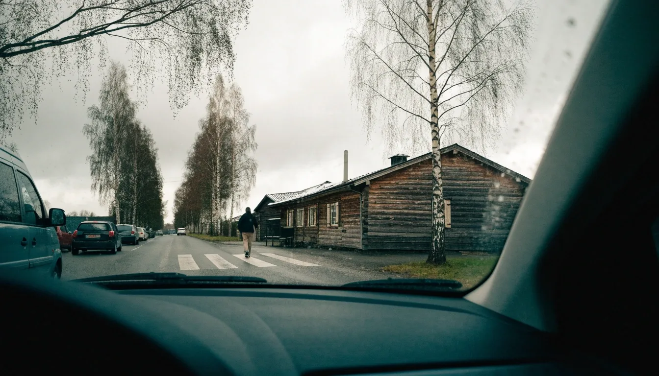 A Finnish village street where the built-up area boundary changes the speed limit, seen from a slowing car