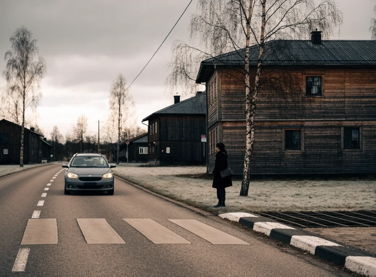 A Finnish town centre street with tram rails, parked cars and a cyclist waiting at a crossing